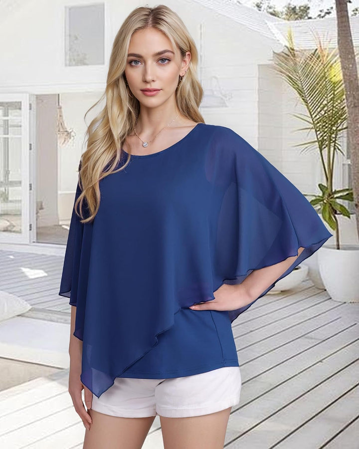 Vafoly Damen Chiffon Lose Fledermaus Bluse mit Kurzen Flatter ärmel Leichte Fliessende Bluse Rundhal