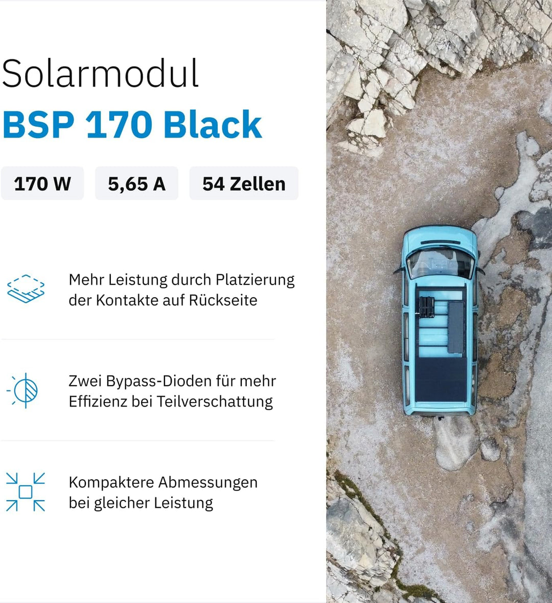 ECTIVE Solarpanel BSP 170 Black - 170W, 5,65A, 54 Zellen, für 12V 24V Batterieladeregler - Monokrist