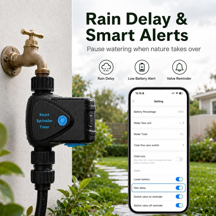 WLAN Bewässerungscomputer mit App Steuerung, WiFi Bewässerungstimer mit Wasserzähler, ohne Hub, Meng