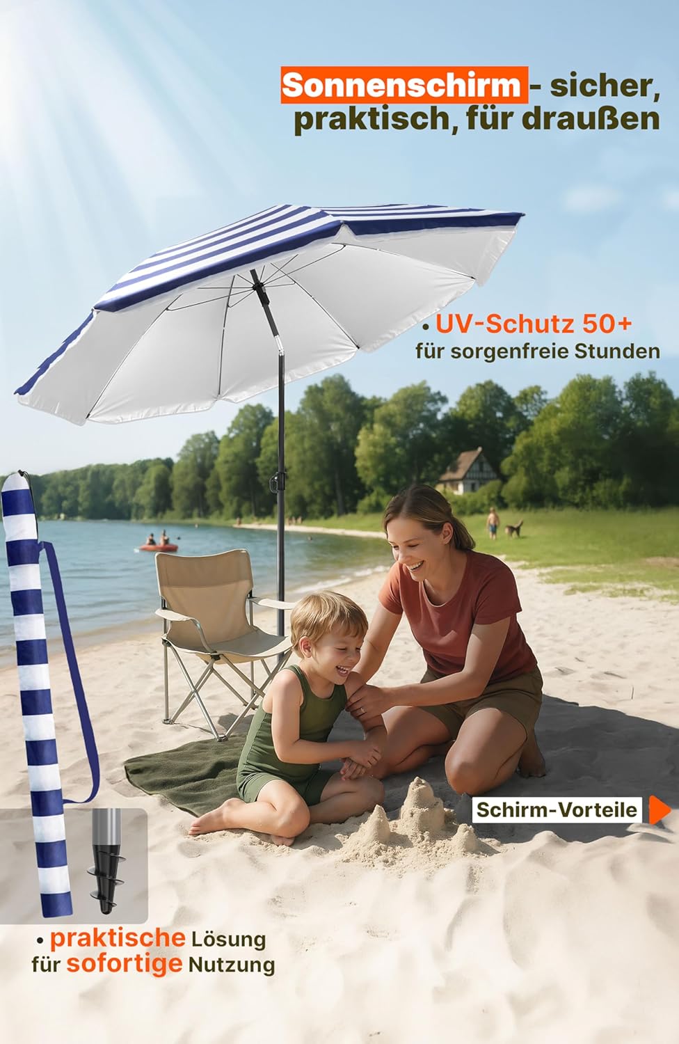 4smile Sonnenschirm für Strand und Balkon Ø 180 cm, Blau-Weiss - UPF 50+ Balkonschirm SunnyJoy, Stra