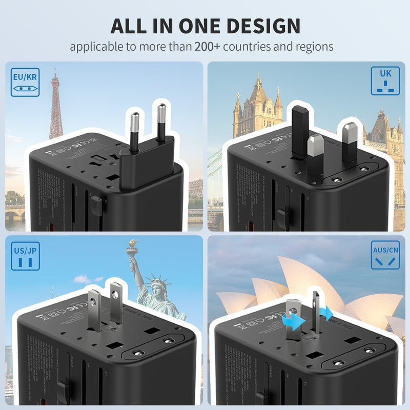 EPICKA Reiseadapter Weltweit, GaN Universal Reisestecker 70W PD Schnellladegerät, Travel Adapter mit