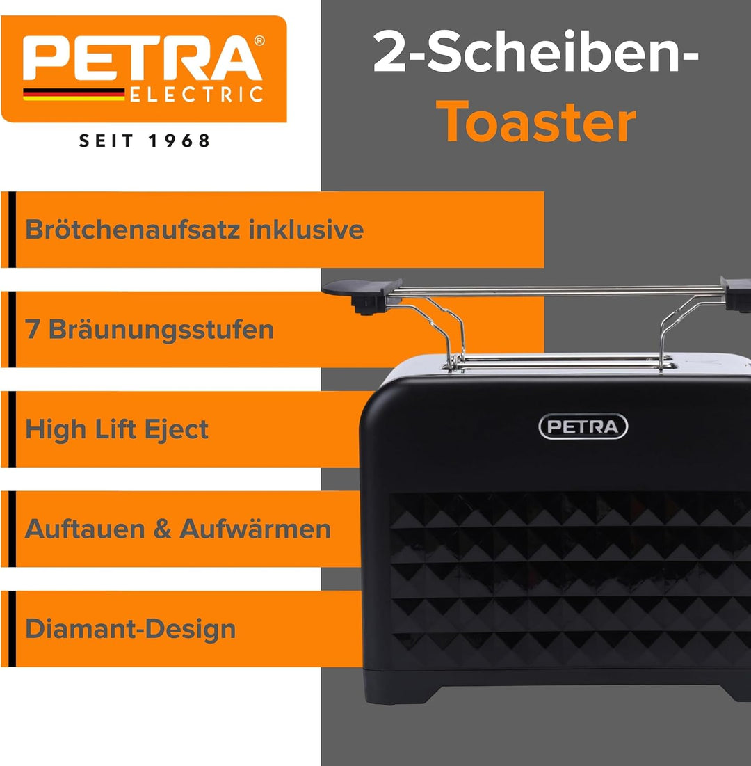 Petra Toaster 2 Scheiben 930W, Toaster mit Brötchenaufsatz & 7 Bräunungsstufen, Brotröster mit Aufta