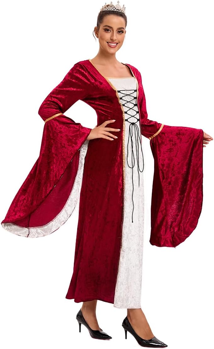 Damen Retro Mittelalter Kleid mit Trompetenärmel, Mittelalterliche Viktorianischen Königin Kleider R