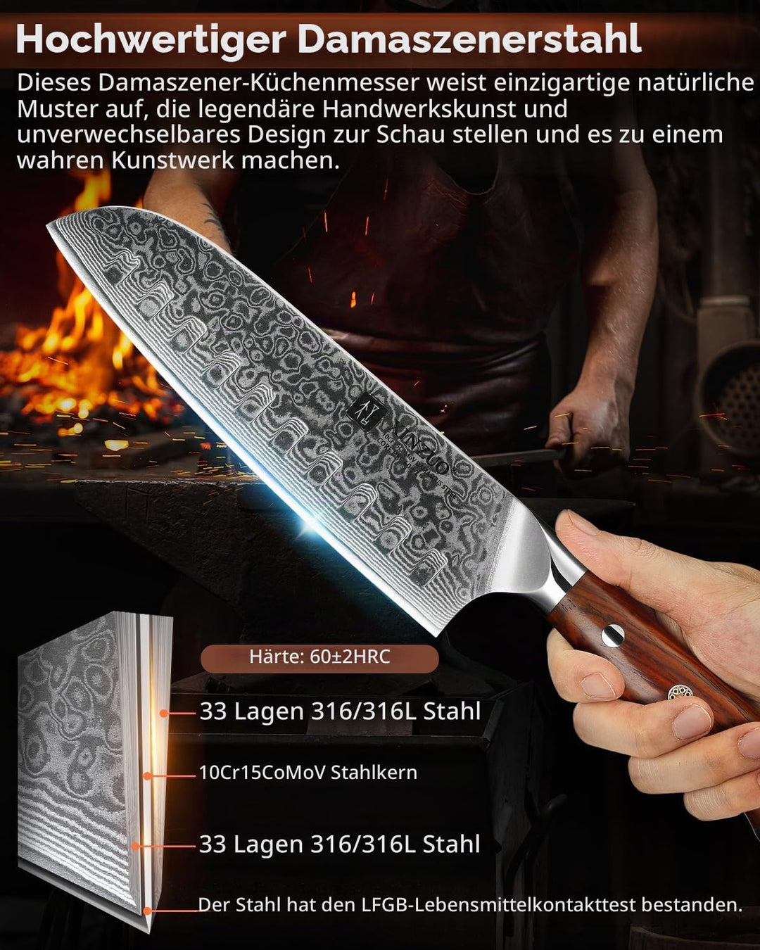 XINZUO 18cm Damaststahl Santokumesser, Damastmesser Chefmesser Profi geschmiedet Kochmesser, Scharfe
