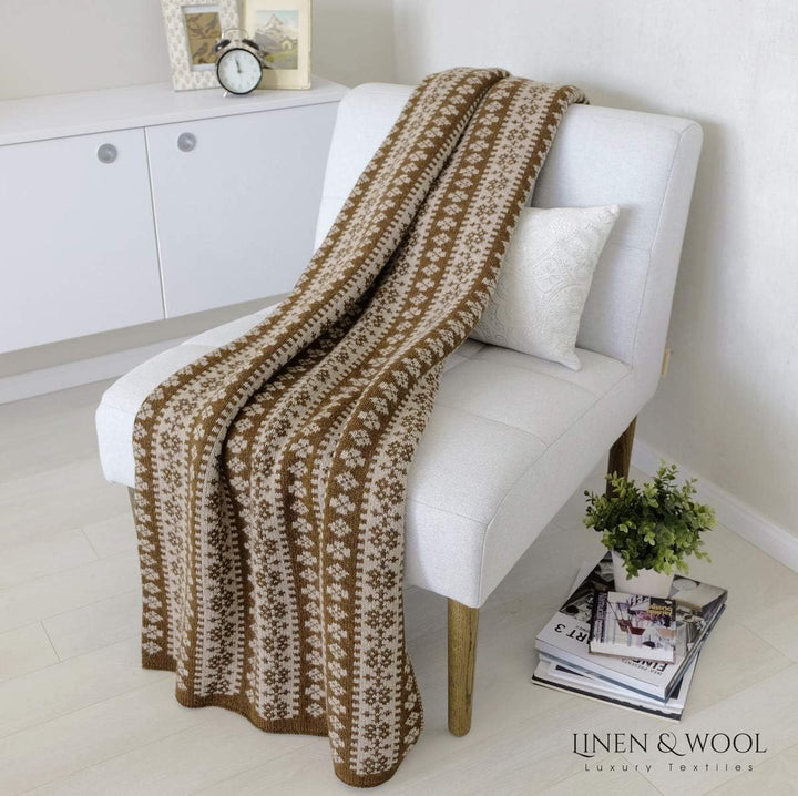 Linen & Cotton Luxus Warme Decke Wolldecke Gestrickt Arctic - 100% Reine Neuseeland Wolle, Beige/Bra