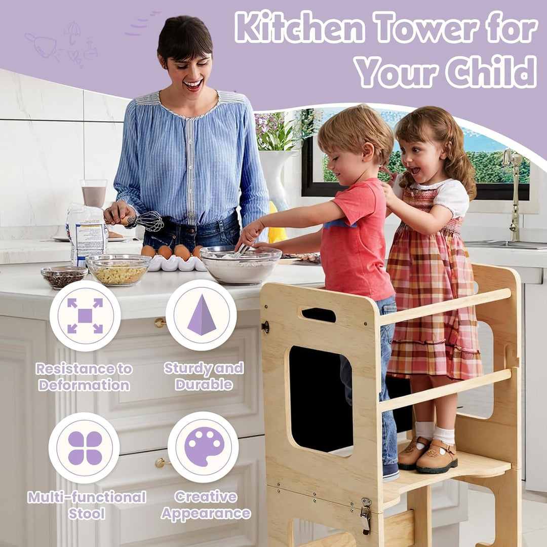 Labebe Lernturm für Kinder, Faltbarer Montessori Learning Tower, 3 in 1 Montessori Küchenhelfer Lern