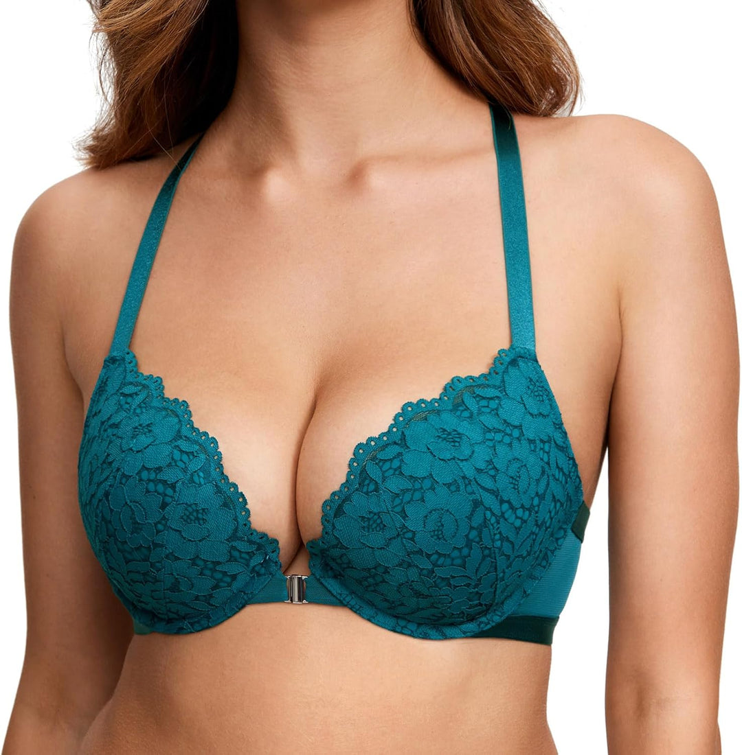 DOBREVA Damen Vorderverschluss BH mit Bügel Push Up Spitzen Neckholder BHS Racerback Tiefer Ausschni