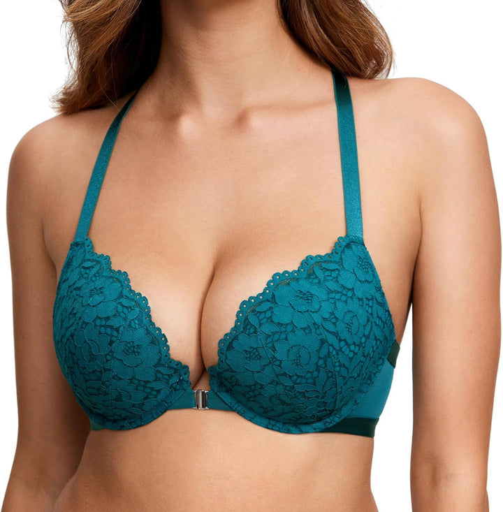 DOBREVA Damen Vorderverschluss BH mit Bügel Push Up Spitzen Neckholder BHS Racerback Tiefer Ausschni