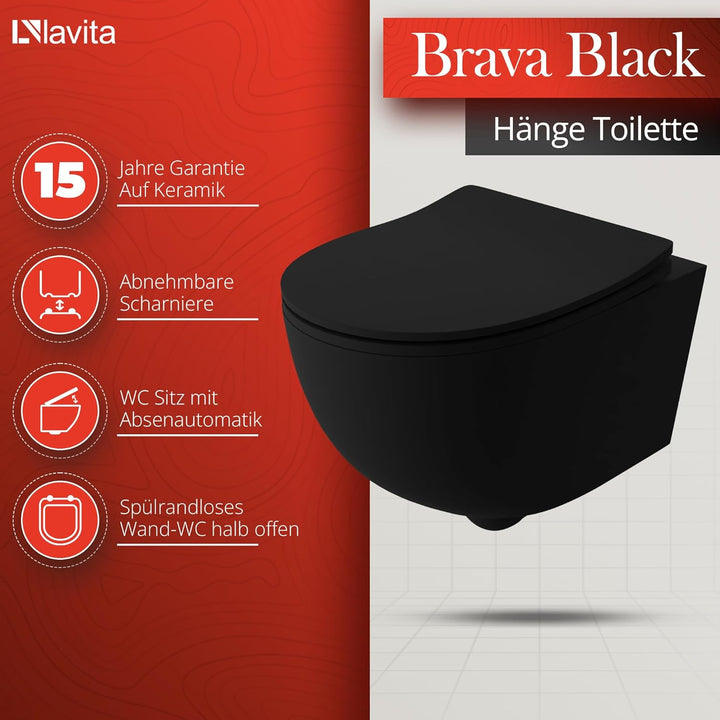 LAVITA Wand-WC Brava Black Hänge Toilette WC Sitz Toilettendeckel mit Absenkautomatik &amp; Metallscharn