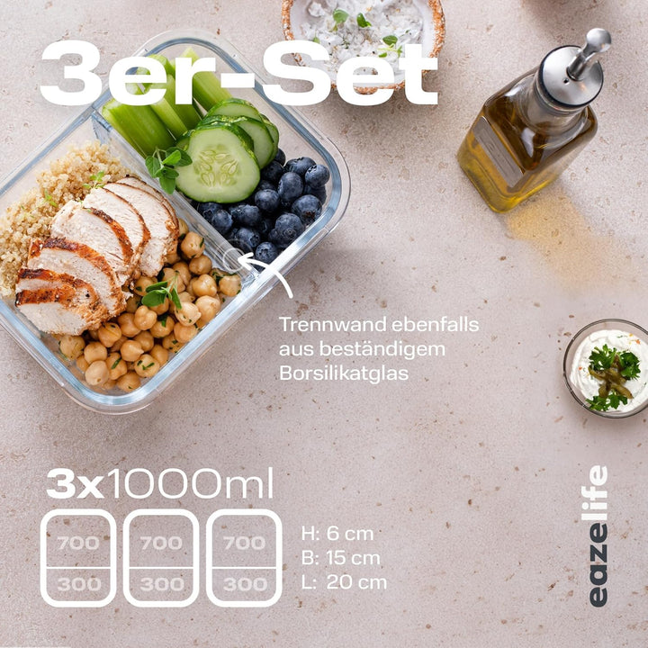 Eaze Life 3er-Set Meal Prep Box inkl. Deckel | Glas Frischhaltedosen | 2-fach mit Trennwand | luftdi