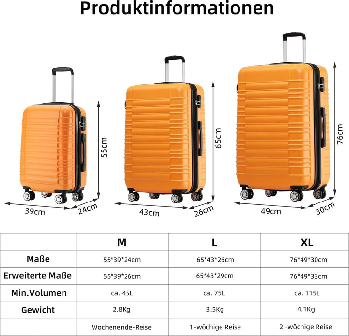 BEIBYE 2088 Zwillingsrollen Reisekoffer Koffer Trolleys Hartschale M-L-XL-Set (Orangen, M) Orangen M