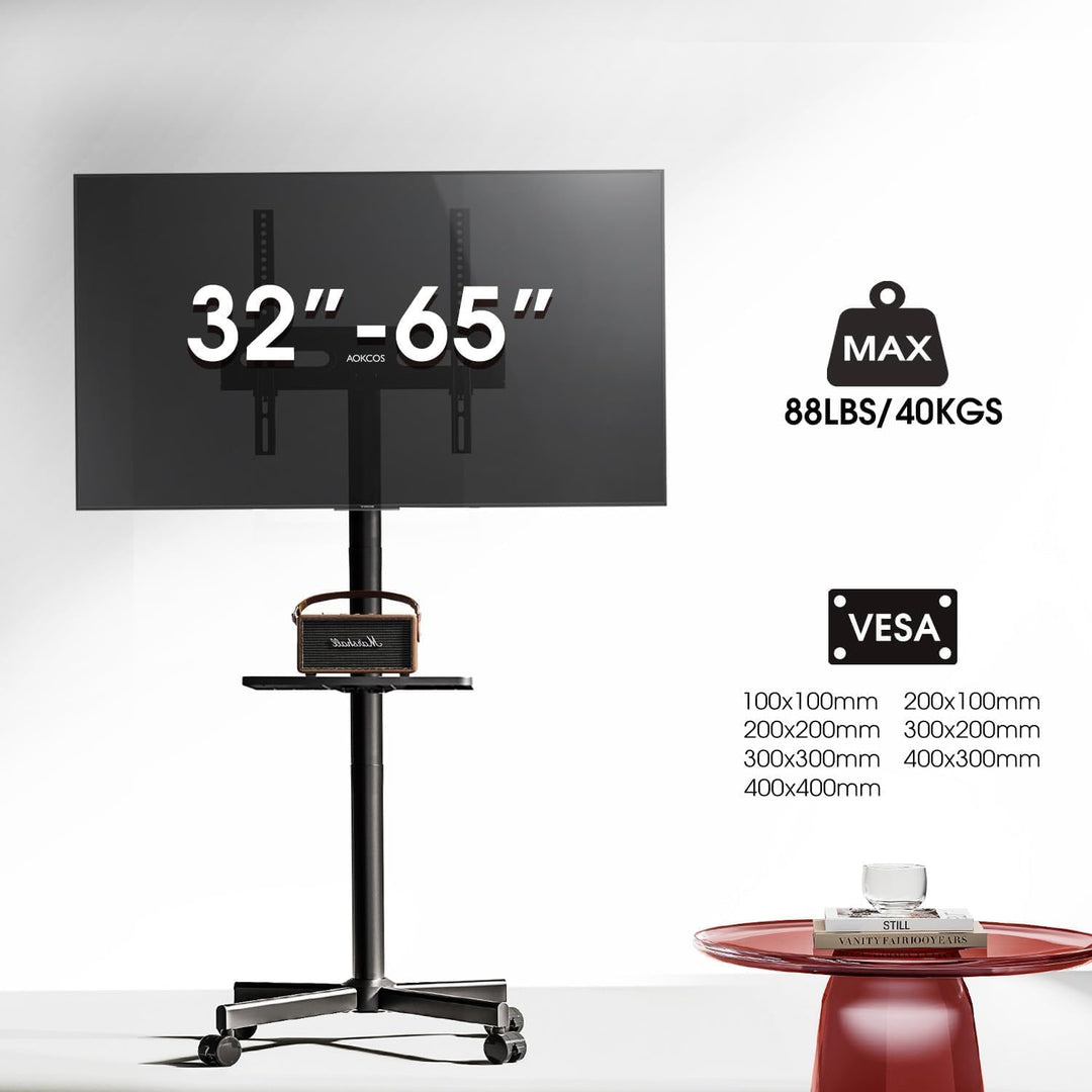 AOKCOS TV Ständer Rollbar für 32-65 Zoll Fernseher, TV Wagen mit Tablett, Fernsehständer Höhenverste