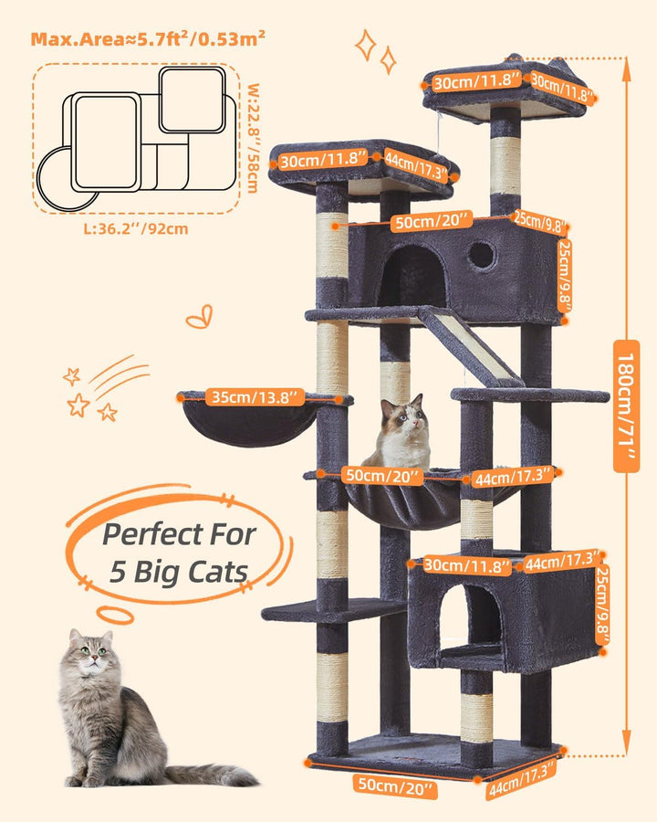 Taoqimiao 180CM Kratzbaum Gross, Katzenbaum Katzen Kratzbaum Grosse Katzen Stabil mit 2 Katzenhaus,
