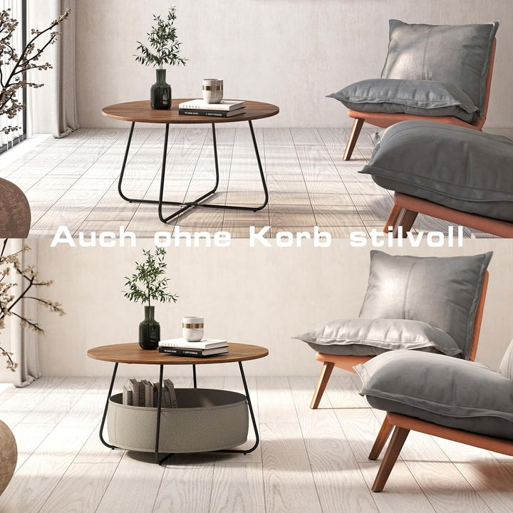 Manora Couchtisch Rund Braun mit Stoffkorb & Stauraum,Runder Wohnzimmertisch mit Korb,Moderner Sofat