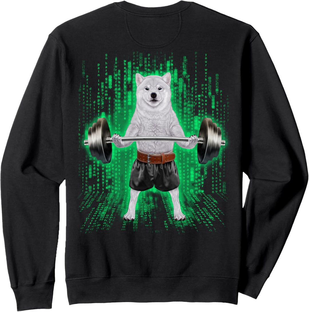 Shiba Inu Hund, der Gewichte im Cyber-Fitnessstudio hebt Sweatshirt