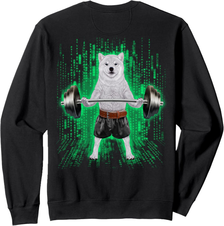 Shiba Inu Hund, der Gewichte im Cyber-Fitnessstudio hebt Sweatshirt