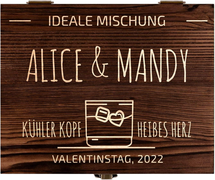 Maverton Whisky Steine Set - in Holzbox mit Gravur - 8 Eiswürfel & 2 Whisky Gläser - wiederverwendba