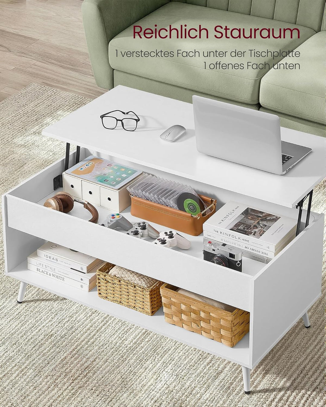 VASAGLE Couchtisch, höhenverstellbarer Wohnzimmertisch, Kaffeetisch, Gaszylinder, verstecktes Fach,