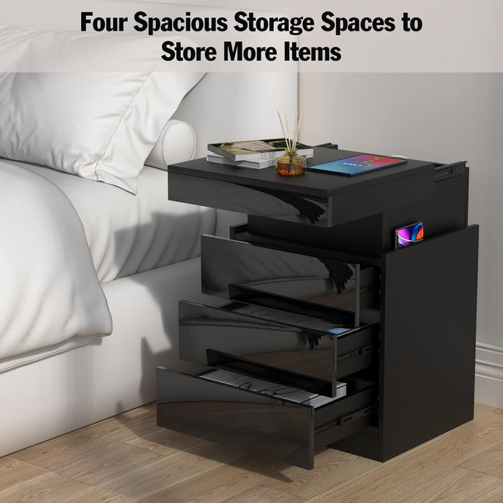 Lvhcmfohm Nachttisch Schwarz 2er Set, Nachtschrank mit Led Licht und Steckdose, Nachtkommode mit 3 S