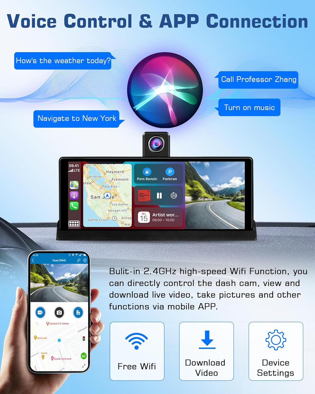 4K Carplay Display Android Auto Display mit Exklusive Halterung, 350° Drehbare Frontkamera 10,26 Zol