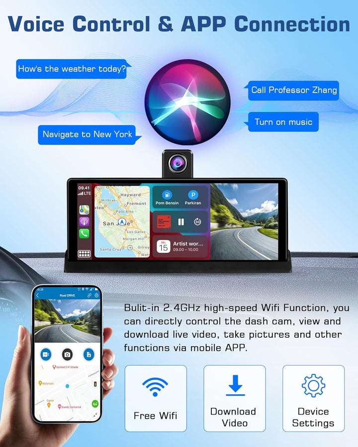 4K Carplay Display Android Auto Display mit Exklusive Halterung, 350° Drehbare Frontkamera 10,26 Zol