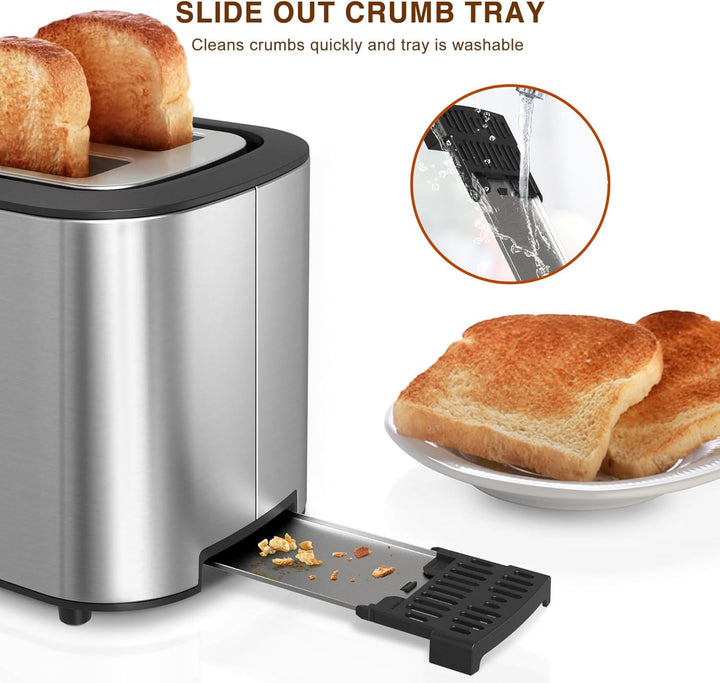 KitchenBoss Toaster 2 Scheiben 870W：Toaster Edelstahl mit Brötchenaufsatz und Krümelschublade, 6 Brä