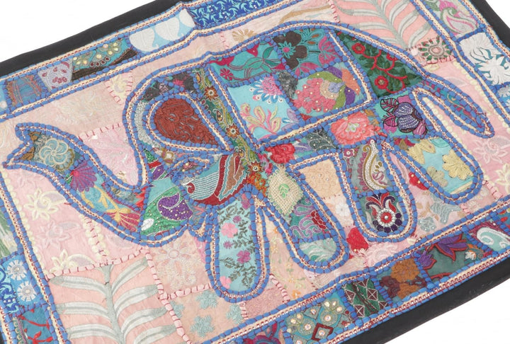 GURU SHOP Orientalischer Elefant Tischläufer, Wandbehang, Einzelstück 95x65 cm - Motiv 24, Blau, Bau