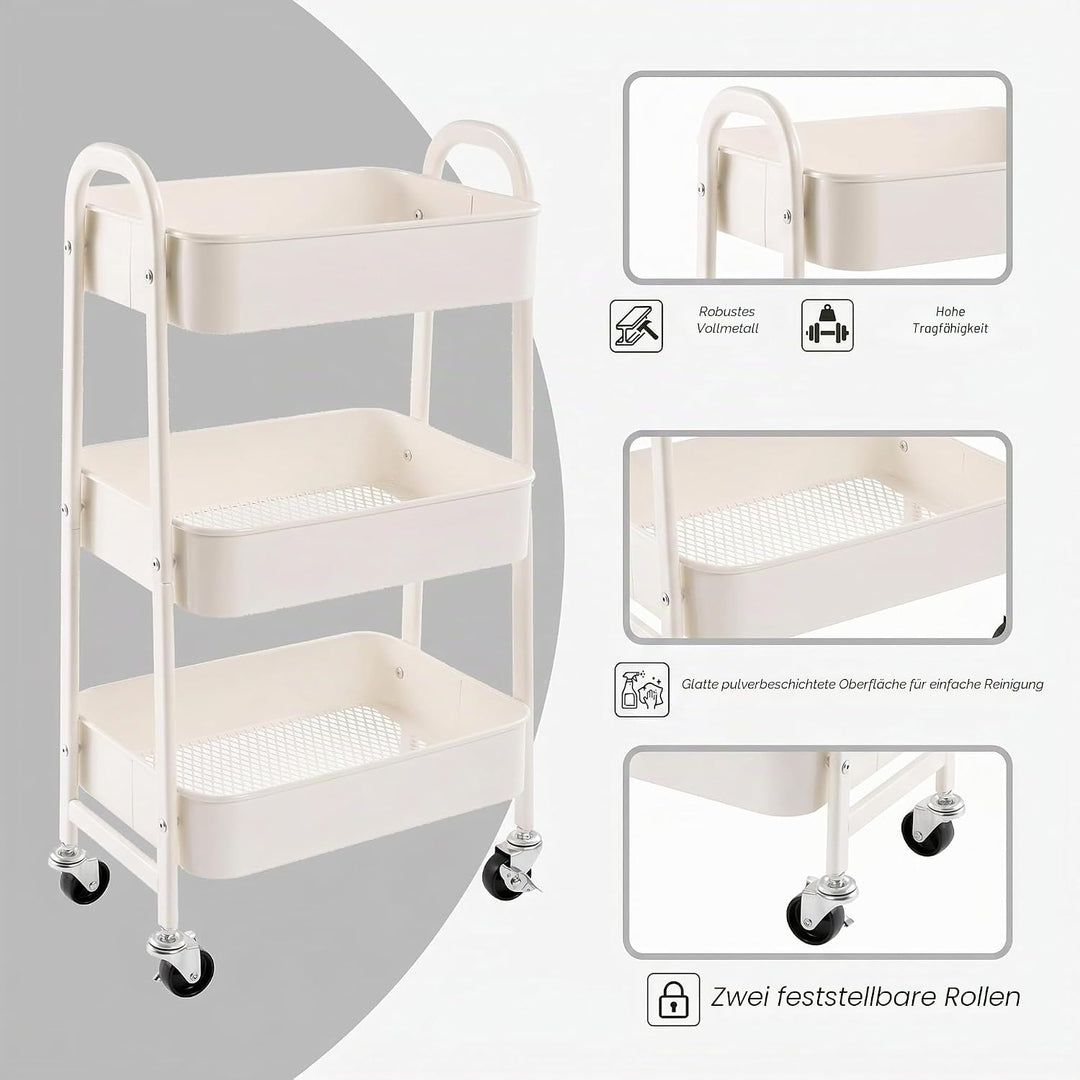 DOEWORKS Aufbewahrungswagen 3-Etagen Metall Utility Cart Rollwagen Organizer Wagen mit Rädern für Kü