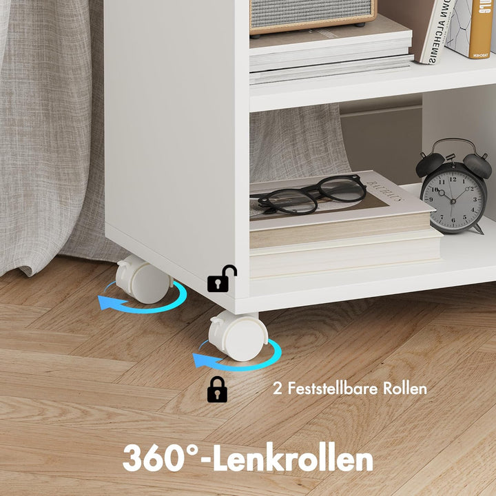 Rollcontainer,Mobiler Aktenschrank mit 4 Rollen,Büroschrank mit Abnehmbarer Bücherablage,2 Klappdeck