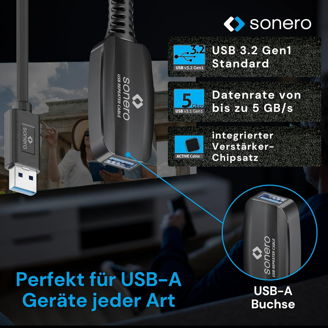 Sonero USB 3.2 Gen1x1 Aktive Verlängerung - A/A - schwarz - 10,00m 10,0 m USB-A auf USB-A, 10,0 m US