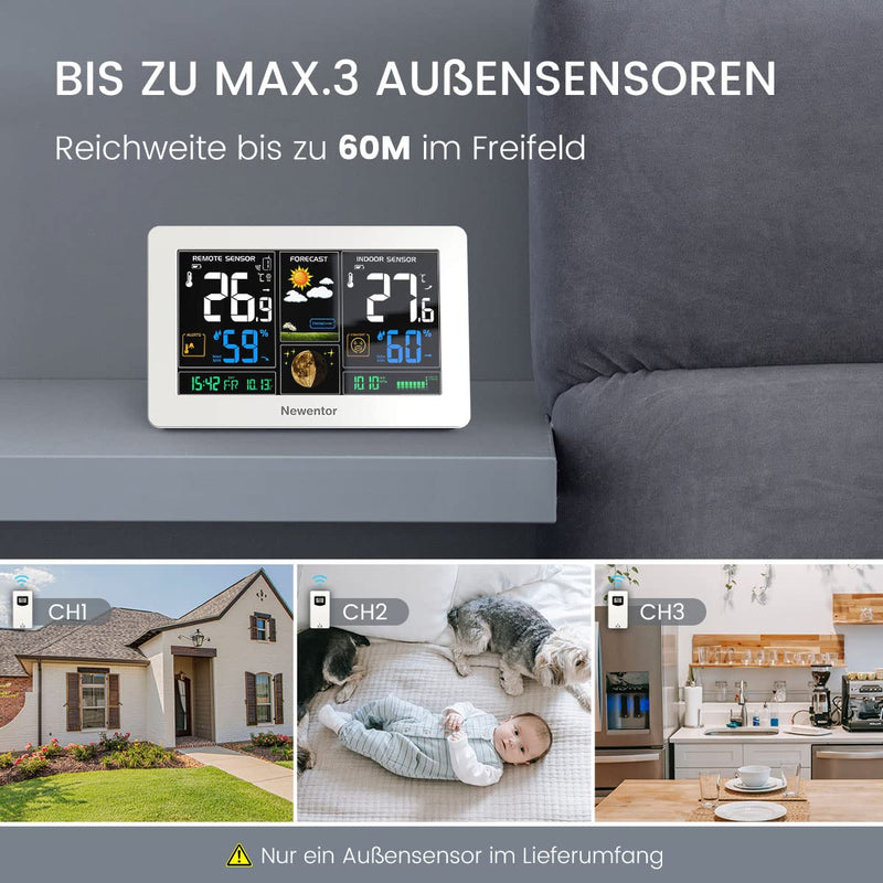 Newentor Wetterstation Funk mit Aussensensor - Funkwetterstation mit Wettervorhersage, Temperaturwar