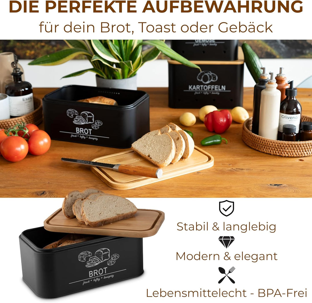 MNKsolution Brotkasten mit Deckel als Schneidebrett - Brotbox mit Lüftungslöchern für Brotaufbewahru