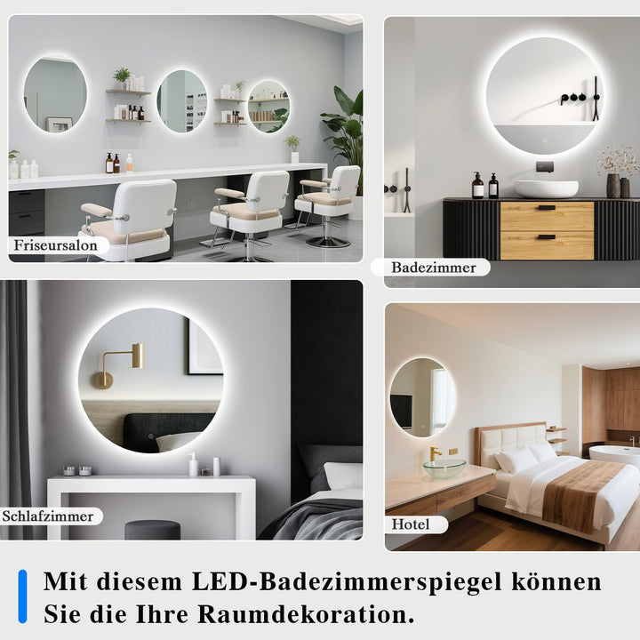Badspiegel mit Beleuchtung - LED-Badezimmer-Spiegel-Round 70cm,Touch-Schalter,Dimmbar,3 Lichtfarben,
