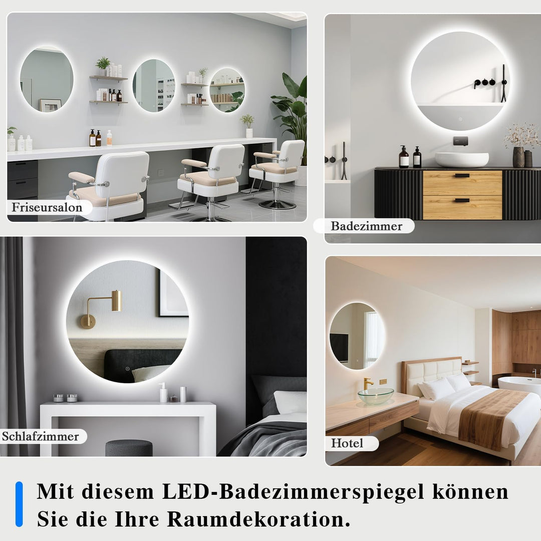 Badspiegel mit Beleuchtung - LED-Badezimmer-Spiegel-Round 60cm,Touch-Schalter,Dimmbar,3 Lichtfarben,