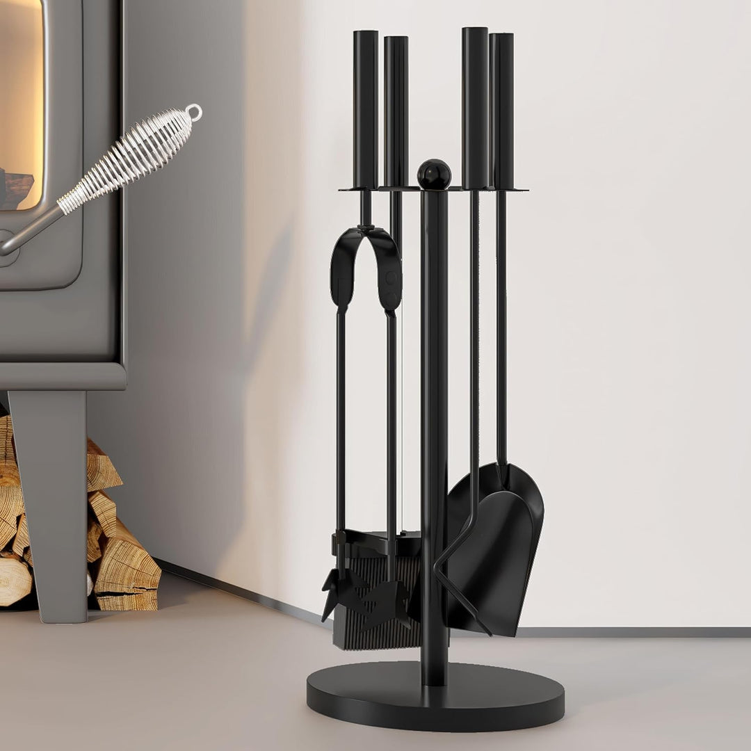 Kingson Kaminbesteck 5-teilig - schwarz pulverbeschichteter Stahl - inklusive Bürste, Schaufel, Schü