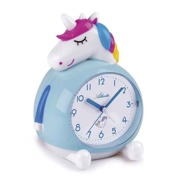 Atlanta Kinderwecker ohne Ticken Einhorn mit Musik Licht Obenabsteller Blau 17 cm - 2163 14 x 17 x 1