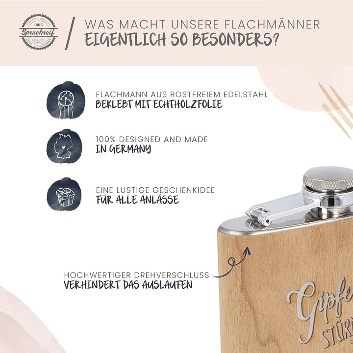 Spruchreif | Flachmann aus Edelstahl mit Gravur „Gipfel Stürmer“ – Geschenkidee für Ski- & Snowboard