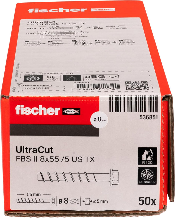 fischer UltraCut FBS II 8x55 5/- US TX Sechskant, leistungsstarke Betonschraube für den Innenbereich
