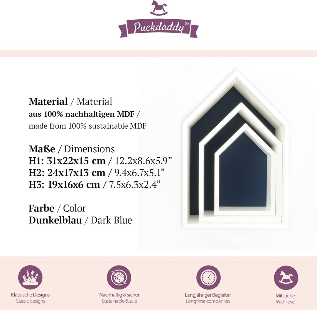 Puckdaddy Elise | Hausregal in Dunkelblau | 3er-Set | Dekorative Regale im Haus-Design | Kinderzimme