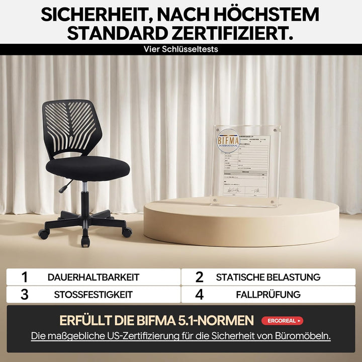 Ergonomischer Bürostuhl ohne Armlehne, Bürostuhl mit Rollen & Höhenverstellung, Bürostuhl Cozy mit E
