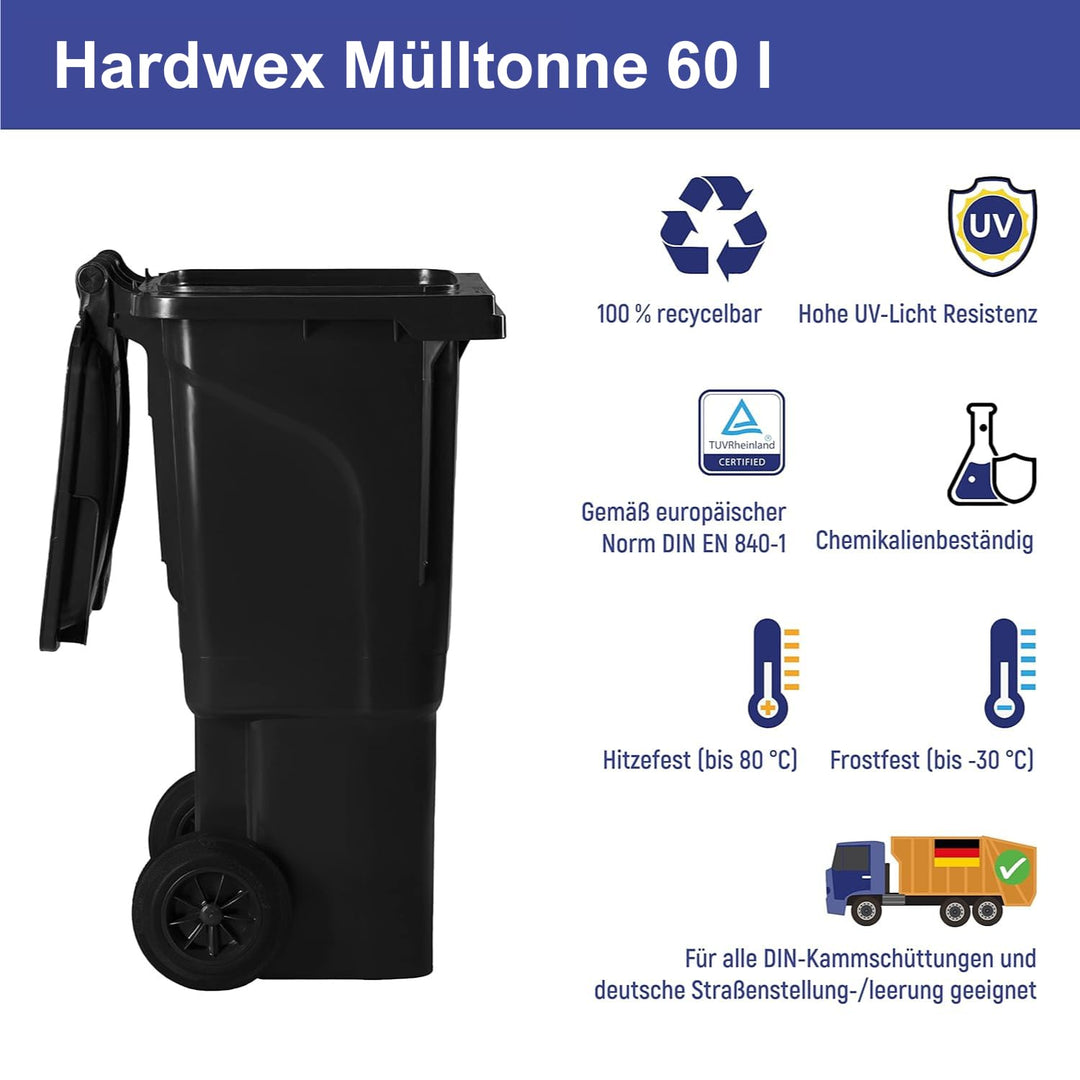 Hardwex Mülltonne mit 2 Rädern und Deckel, Müllgrossbehälter, Abfalltonne, Mülleimer, Volumen: 60 Li