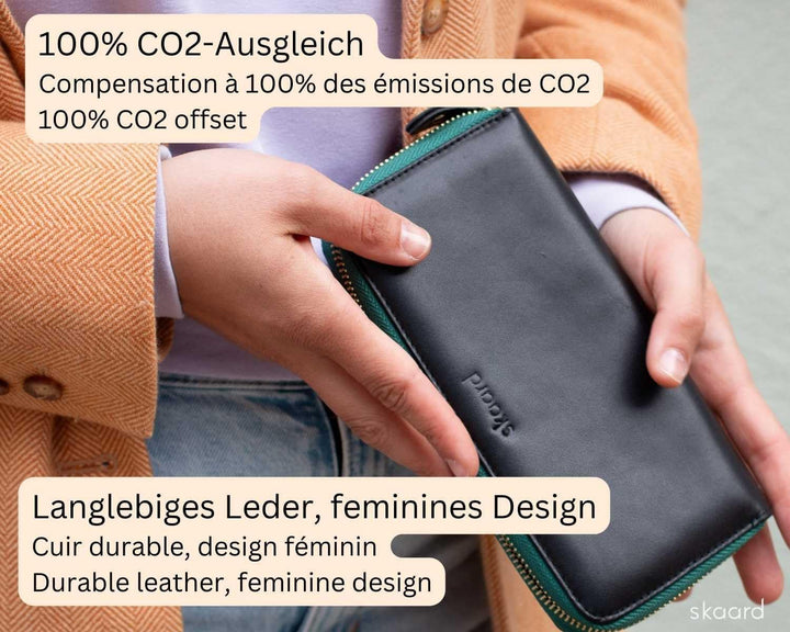 skaard Grosse Damen Geldbörse aus echtem Leder, Schwarz/Grün mit RFID-Schutz XL Schwarz-grün, Schwar