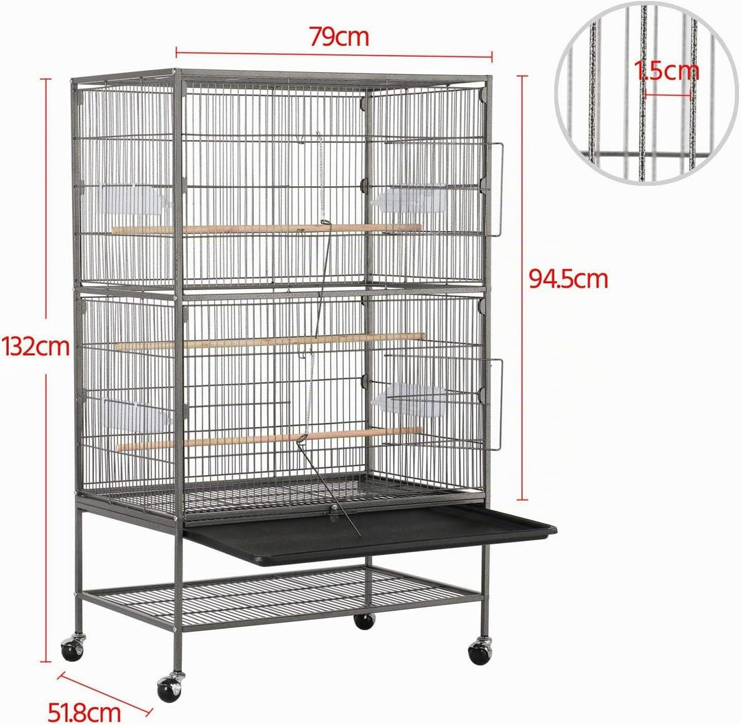 Yaheetech Vogelvoliere Vogelkäfig 2 Türen Vogelhaus Käfig mit 4 Rollen Nagervoliere 131cm hoch