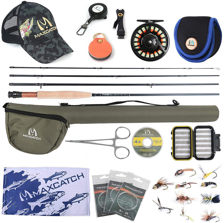 maximumcatch Amigo Fliegenfischen Rute und Rolle Set 9FT 4 Teile 4/5/6/7/8 WT mit Fliegenfsichen Zub