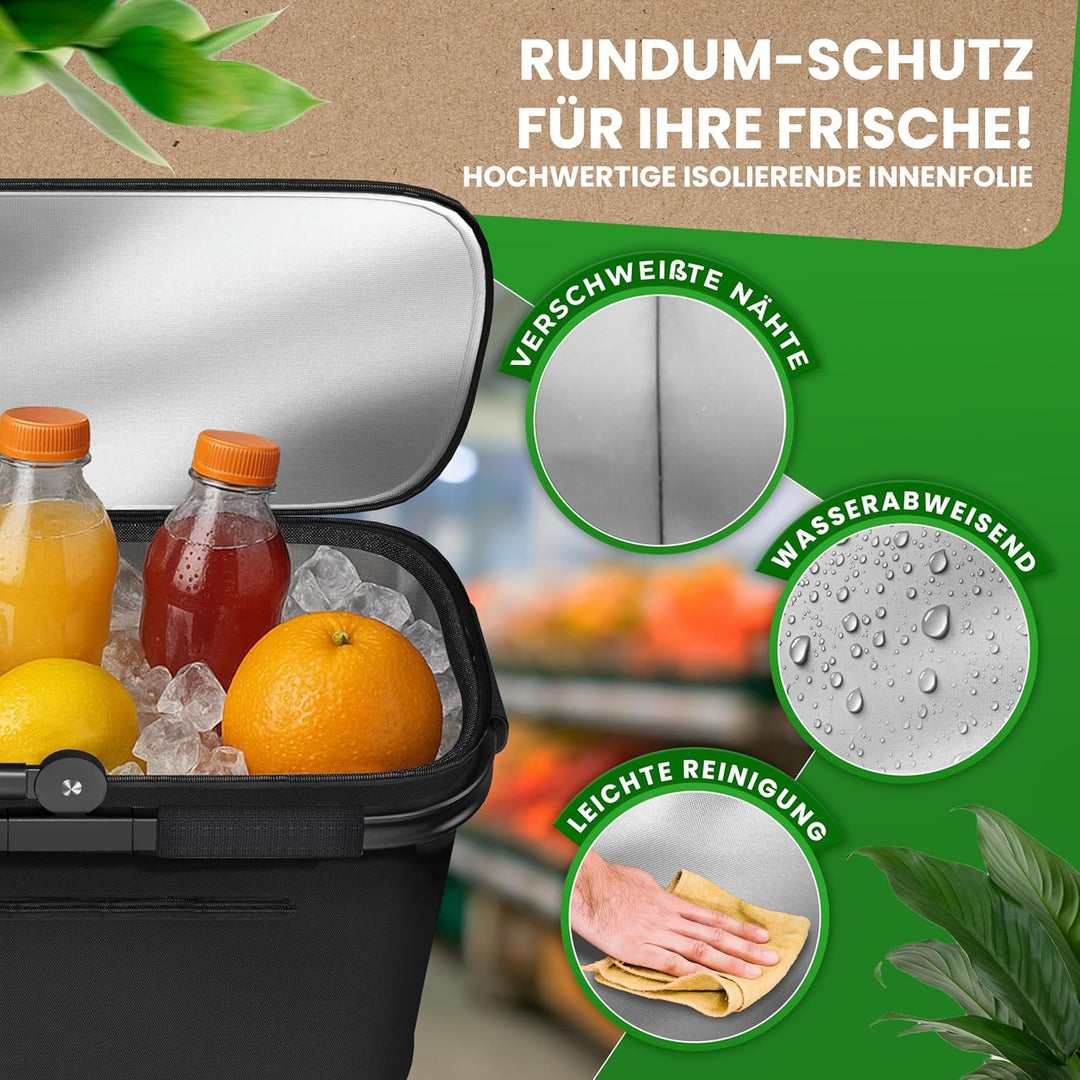 Thermo Einkaufskorb Kühltasche gross | isolierter Einkaufskorb mit Deckel, verstärktem Boden, Frontf