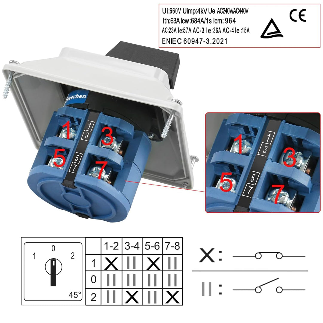 Heschen Universal Drehnocken Wechselschalter, 660V 63A, ON-OFF-ON 3 Positionen, 8 Terminals,SZW26-63