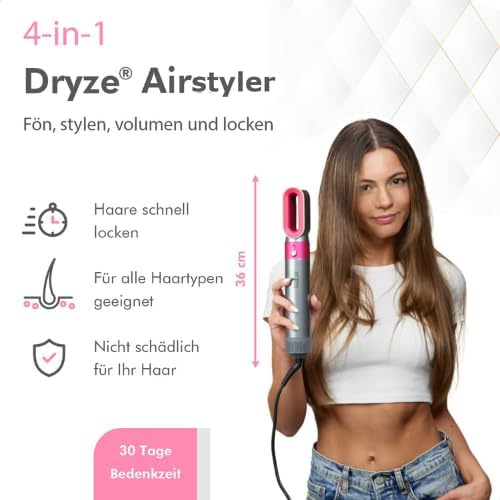 Dryze airstyler 5 in 1, lockenstab, haartrockner, warmluftbürste, föhnbürste, föhn… (Pink/Grey), Pin