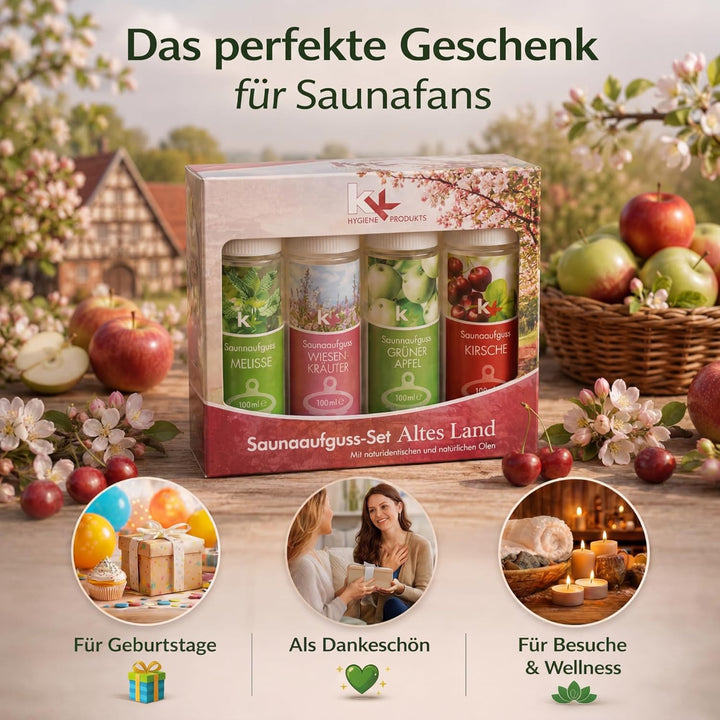 KK Saunaaufguss-Set "Altes Land" - Made in Germany - 4 verschiedene Duftsorten in einem Set - Meliss