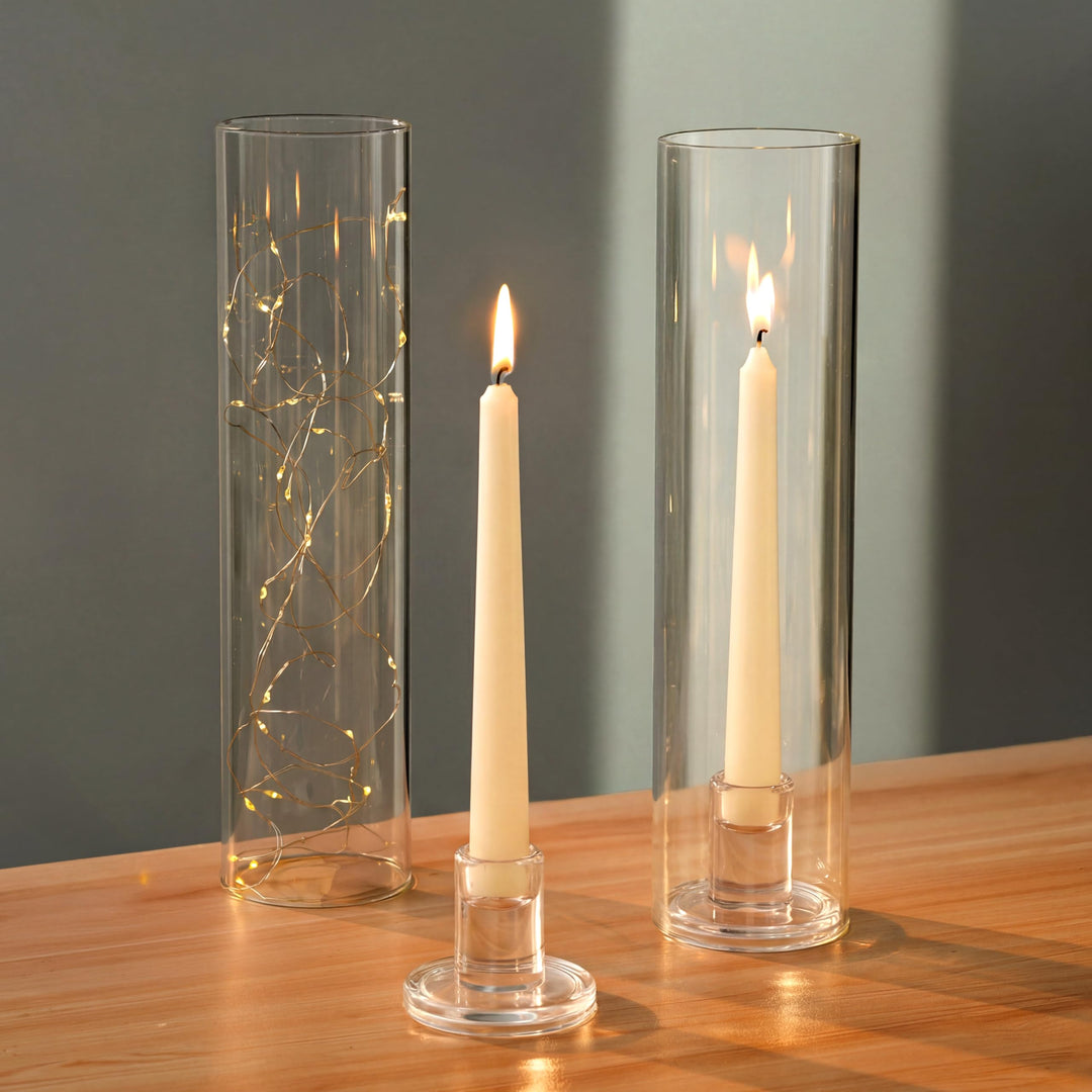 NUPTIO Glaszylinder für Kerzen Kerzenhalter Klarglas - Satz von 2 Kerzenständer Stabkerzen Stabkerze