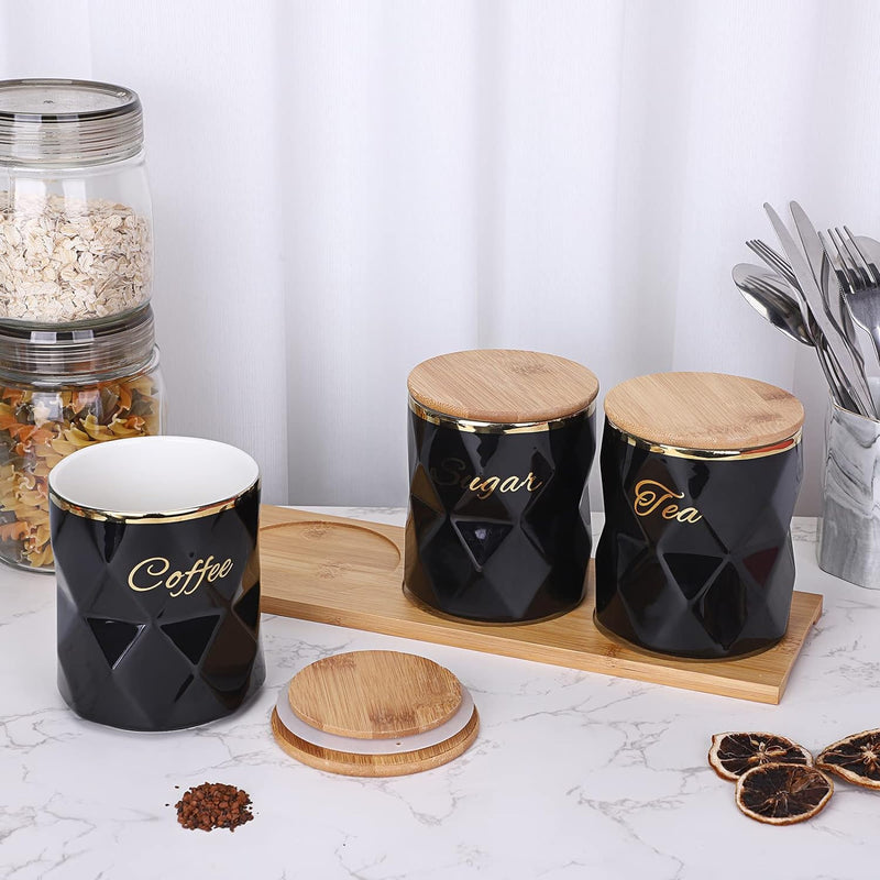 BTSKY Schwarze Keramikdosen für Zucker, Kaffee, Tee, mit Deckel und Tablett, luftdicht, 3er-Set, Vor